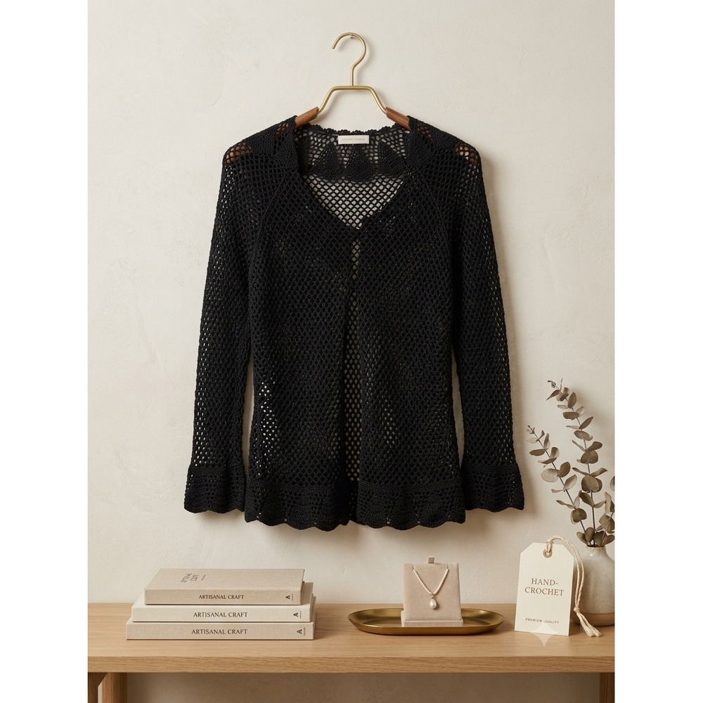 Hand Crochet Black Open Knit Mesh Cardigan V-Neck Bell Sleeve Boho Cover Up